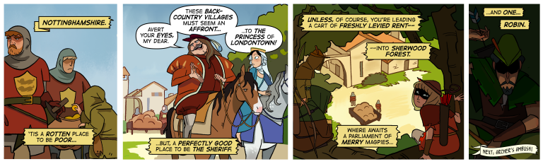 Four-strip comic of Robin Hood in the woods and a princess riding a horse nearby