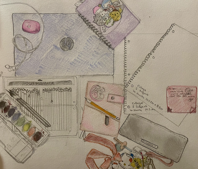 An illustration of various items found in a backpack, including a notebook, sticky notes, watercolors, computer, earbuds, keys, and sketchbook.